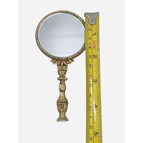 Antique Gilt Scrolled Roses Flapper Small Handheld Mirror Old Hollywood Art Deco - Picture 4 of 12